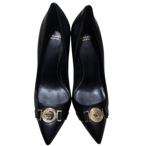 Versace Medusa Black Leather Pointed Toe Pumps Gold Logo Heels Vero Cuoio Sz 38